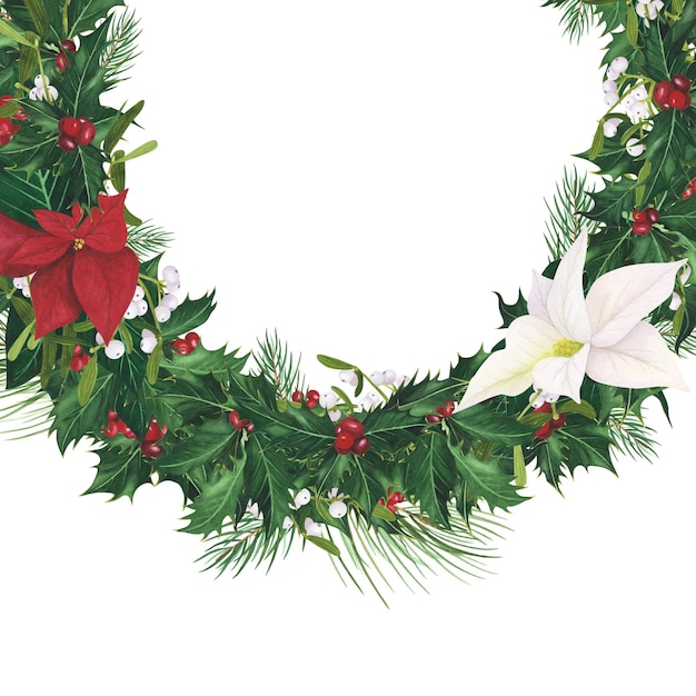 Cornice semicircolare agrifoglio Natale Poinsettia Vischio isolato su bianco Illustrazione disegnata a mano ad acquerello per il design