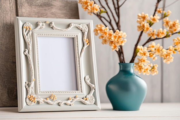 Cornice shabby chic con fiori di albicocca in decorazioni per la casa su tavole di legno con scritte Copie