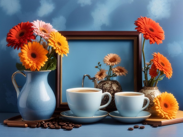 cornice una tazza con caffè e una teiera e un vaso di fiori di gerbera su sfondo blu