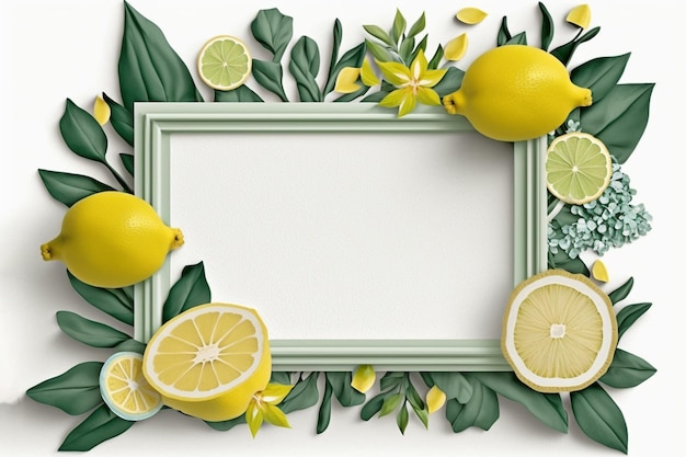 Cornice verde con limoni e fiori su sfondo bianco