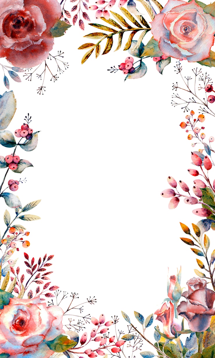 Foto cornice verticale con fiori ad acquerelli e ramoscelli e bacche decorative