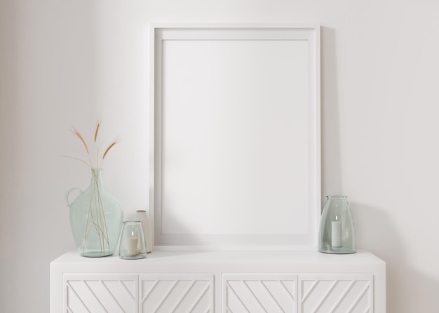 Cornice verticale vuota in piedi su una credenza bianca Mock up interni in stile contemporaneo Spazio per la copia gratuito per poster con foto Vaso console con piante secche Primo piano rendering 3D