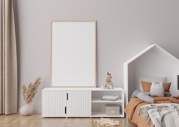 Cornice verticale vuota su parete color crema nella moderna stanza dei bambini Mock up interni in stile scandinavo Spazio di copia gratuito per la tua foto Console letto erba della pampa Camera accogliente per bambini Rendering 3D