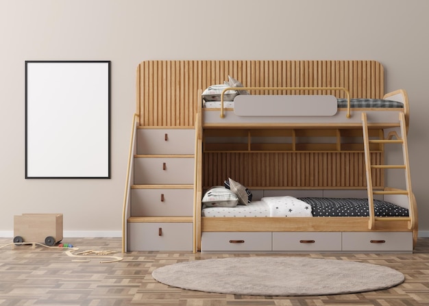 Cornice verticale vuota sulla parete marrone nella moderna stanza dei bambini Mock up interni in stile scandinavo contemporaneo Spazio di copia gratuito per le foto Giocattoli da letto Camera accogliente per bambini Rendering 3D