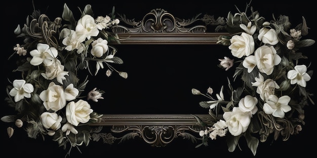 Cornice vintage AI generativa con fiori bianchi futuristico sfondo nero vittoriano