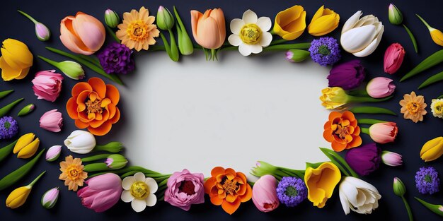 Cornice vuota circondata da fiori primaverili colorati IA generativa