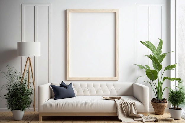 Cornice vuota in legno appesa sopra il divano sulla parete bianca del soggiorno