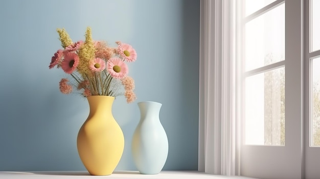 Cornice vuota vuota con vaso di fiori sul tavolo bianco Ai generativa