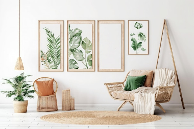 Cornici all'interno della casa Camera in stile boho con mobili e piante in legno naturale IA generativa