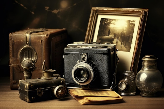 Cornici per fotocamere d'epoca e altri oggetti su un tavolo di legno Fotocamere d'epoca e vecchie fotografie generate dall'IA