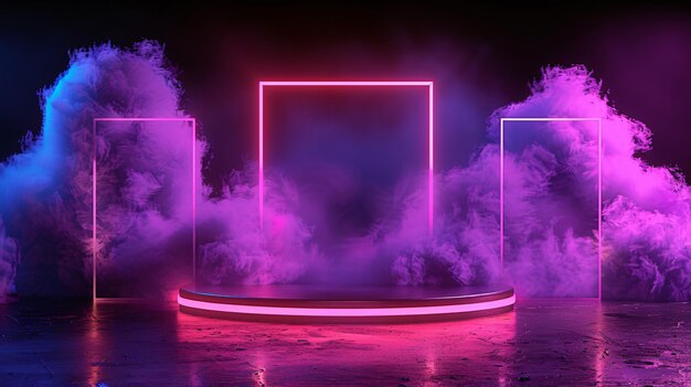Cornici quadrate di neon cyberpunk luci viola cyber ed effetti luminosi di fumo e polvere