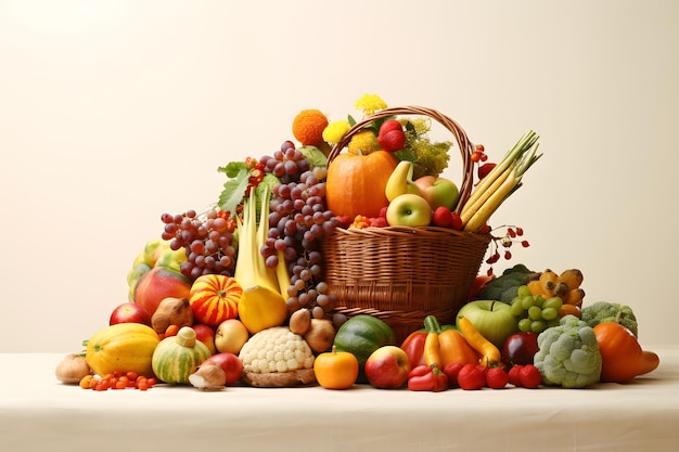 cornucopia ripiena di frutta e verdura di stagione che rappresentano l'abbondanza e il raccolto