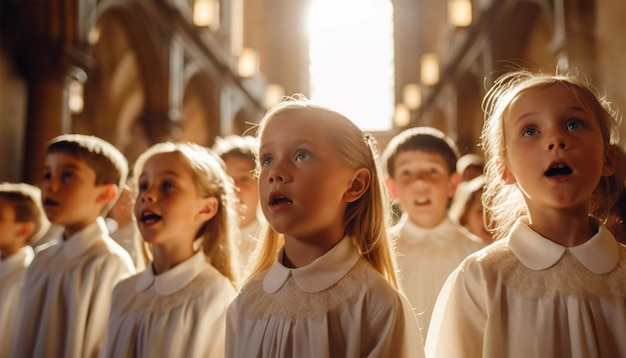 coro di bambini che cantano in chiesa indossando abiti tradizionali di coro Bambini che cantano in chiesa cattolica