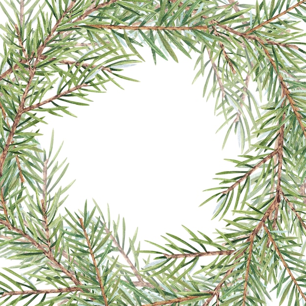 Corona ad acquerello con rami di albero di Natale su sfondo bianco Decorazione di piante verdi pino aghi di pino abete Cornice vintage fatta di ramoscelli Adatto per il design di stampa di cartoline di Natale