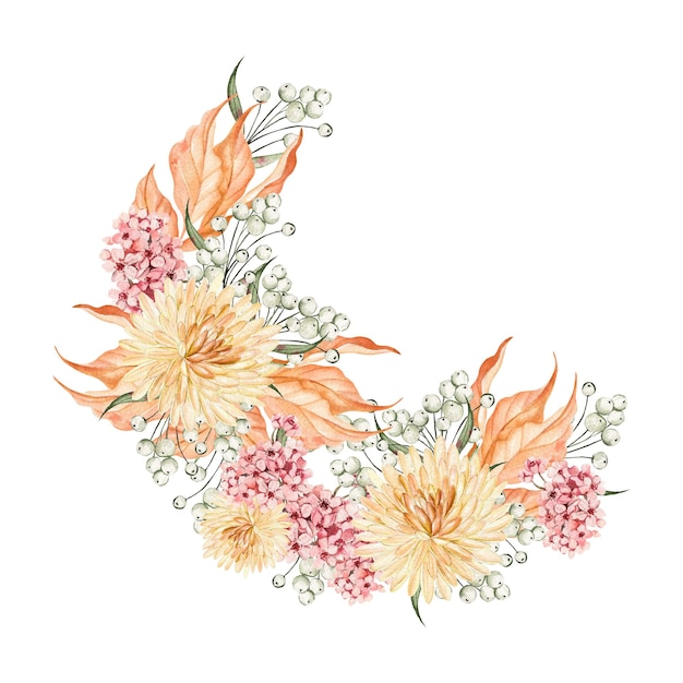 Corona autunnale dell'acquerello con fiori di crisantemo, foglie e bacche