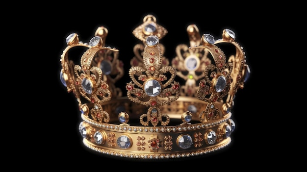 Corona d'oro ornata di gemme preziose e filigrana intricata su uno sfondo nero isolato