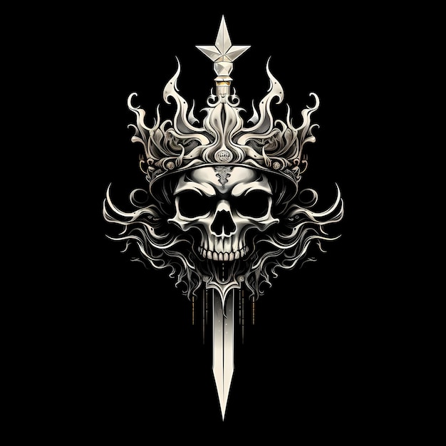 corona del cranio e illustrazione del tatuaggio della spada