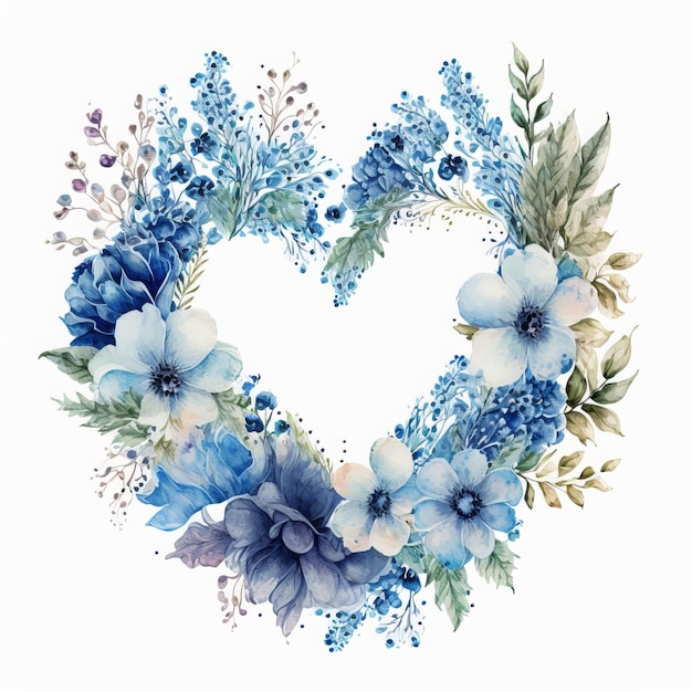 Corona dell'acquerello blu Clipart Cuore di San Valentino floreale