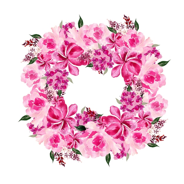 Corona dell'acquerello con rose e fiori di peonia. Illustrazione