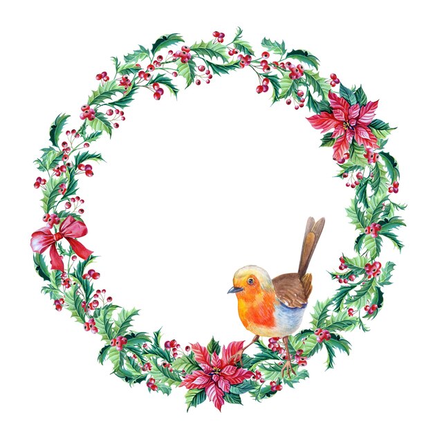 Corona dell'acquerello con uccello Robin. Ramoscello di Holly dell'acquerello. Merry Christmas card.