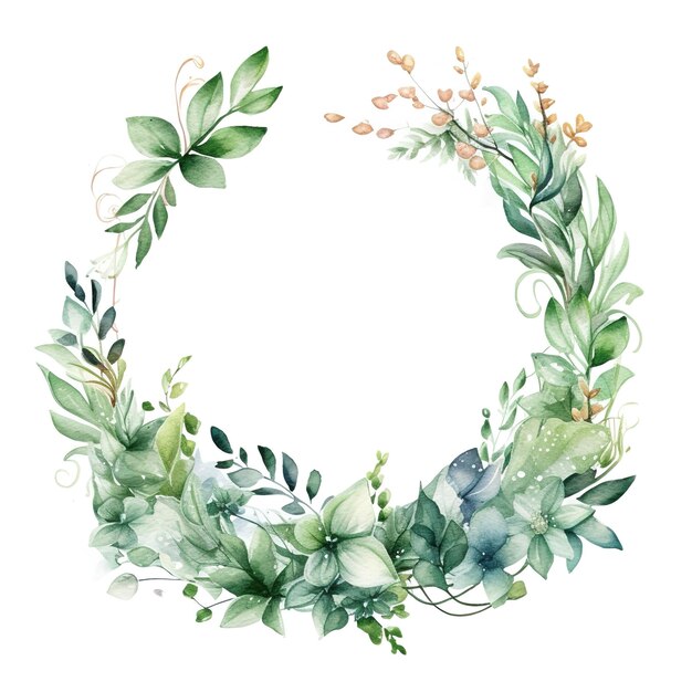 Corona dell'acquerello di foglie verdi e fiori. corona dell'acquerello di foglie verdi e fiori. illustrazione dipinta a mano. può essere utilizzato per un biglietto di auguri, un invito a nozze, un biglietto di auguri, un poster.