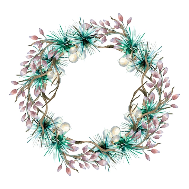 Corona di aghi fiori secchi e ramo acquerello illustrazione isolato su bianco