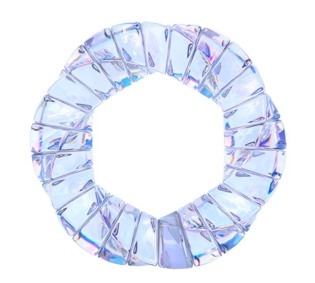 Corona di cristallo o anello ritorto in vetro con effetto di dispersione Cerchio iridescente chiaro con struttura a coste composizione in acrilico o plexiglass cornice rotonda vuota isolata su sfondo bianco rendering 3d