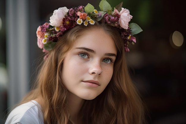 Corona di fiori con delicate fioriture in cima alla testa della ragazza che le incornicia il viso e i capelli