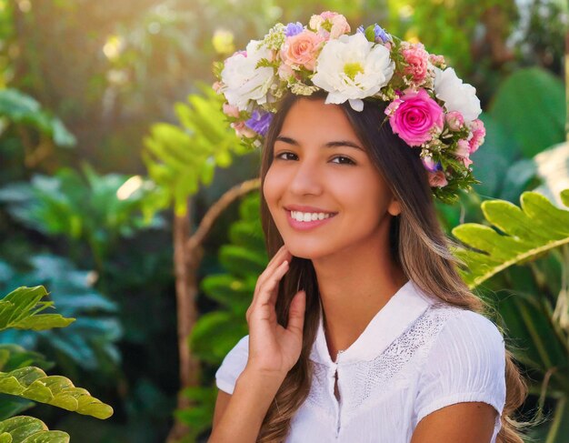 Corona di fiori e donna in studio per la cura della pelle bellezza e relax zen e cosmetici nella giungla