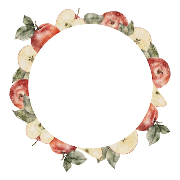 Corona di mele rosse dell'acquerello Illustrazione disegnata a mano isolata su sfondo bianco Cornice