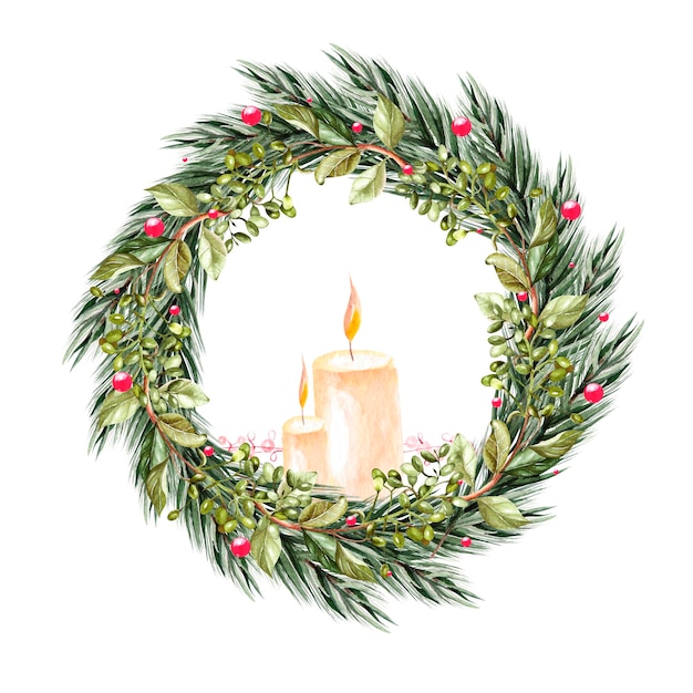 Corona di Natale dell'acquerello con rami di abete, candele e bacche. Illustrazione per biglietti di auguri e inviti. Illustrazione