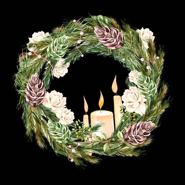 Corona di Natale dell'acquerello con rami di abete, candele e bacche, rose e pino. Illustrazione per biglietti di auguri e inviti. Illustrazione