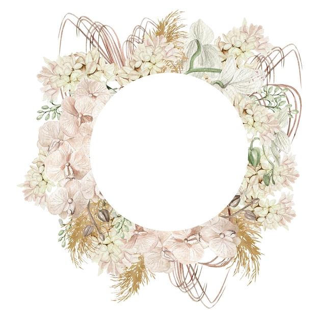 Corona di nozze dell'acquerello con fiori boho e foglie secche Illustrazione