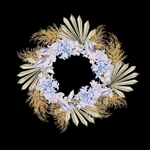 Corona di nozze dell'acquerello con fiori boho e foglie secche
