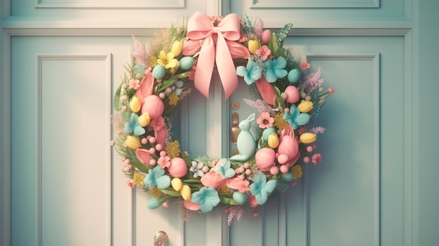 Corona di Pasqua con nastri e fiori color pastello appesi su una porta d'ingresso con un'illustrazione di sfondo beige tenue IA generativa