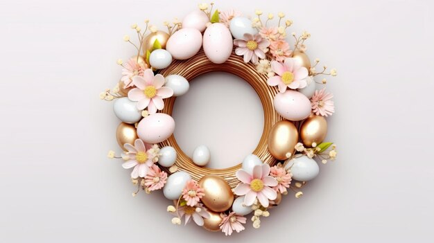 Corona di Pasqua e uova di pasqua d'oro decorate con perle Generative ai