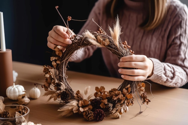 Corona fatta a mano da donna sullo spazio di lavoro Design della natura della casa stagionale Generare Ai