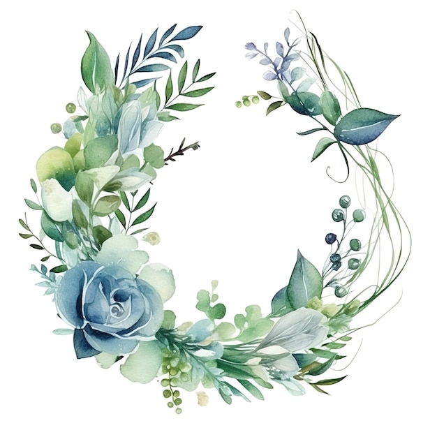Corona floreale dell'acquerello con fiori e foglie blu. la parola amore.