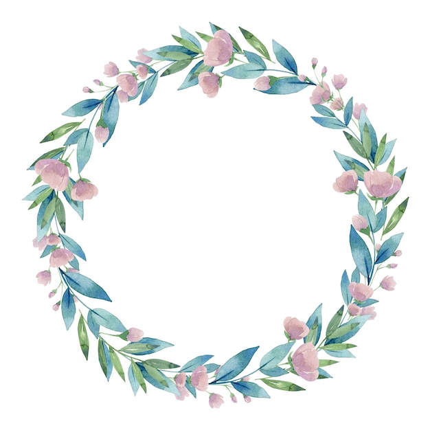Corona floreale delle rose rosa dell'acquerello isolata su fondo bianco white