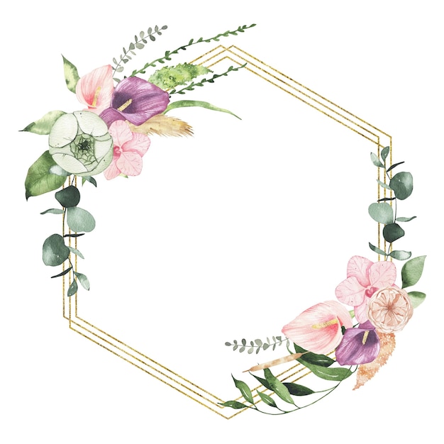 Corona geometrica dorata floreale di giorno di San Valentino dell'acquerello con verde della rosa del giglio di calla