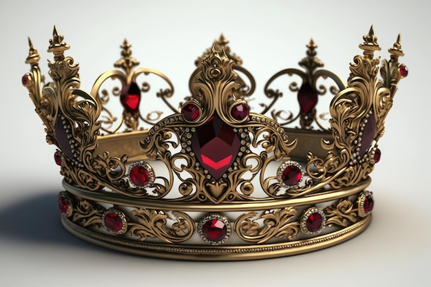 Corona in oro con rubini e velluto rosso su sfondo bianco