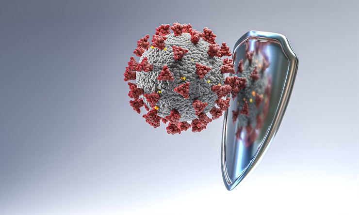 Foto coronavirus covid-19 contro uno scudo metallico che funge da protezione. rendering 3d.