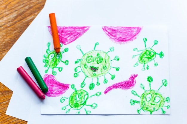 Coronavirus di disegno per bambini molti virus attaccano i pastelli del corpo umano, matite colorate, creatività dei bambini, creazione di artigianato, decorazione della casa, tempo con i bambini, sviluppo delle abilità, scuola, casa