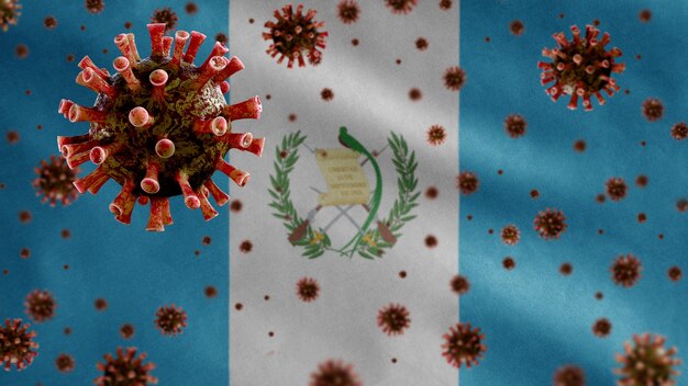 Coronavirus influenzale che galleggia sulla bandiera guatemalteca, agente patogeno che attacca le vie respiratorie.