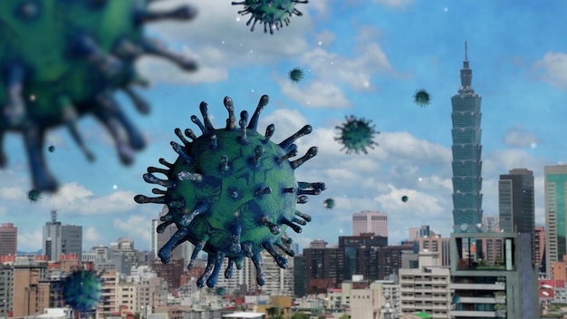 coronavirus influenzale che galleggia sullo skyline del punto di riferimento aziendale nella città moderna di Taipei
