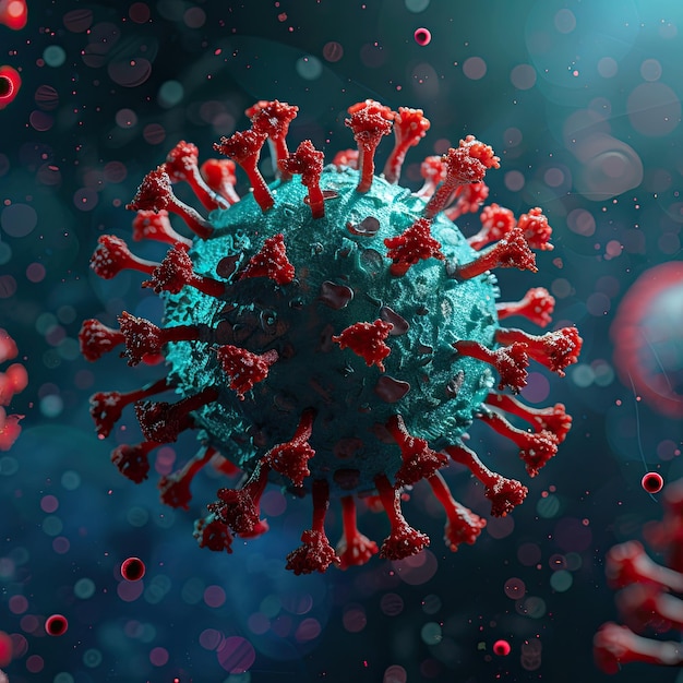 coronavirus rosso e blu circondato da punti fluorescenti rossi nello stile di azzurro scuro e oro
