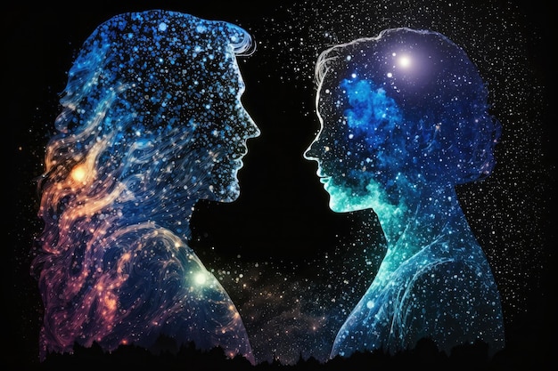 Corpo astrale sagome uomo e donna faccia a faccia rete neurale arte generata dall'intelligenza artificiale