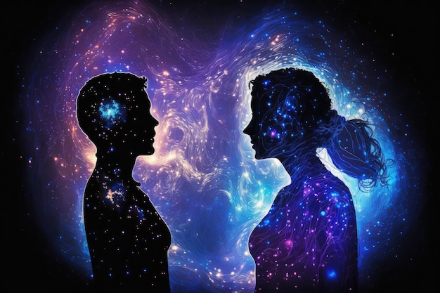 Corpo astrale sagome uomo e donna faccia a faccia rete neurale arte generata dall'intelligenza artificiale