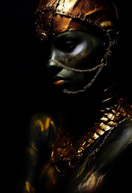 Corpo dorato e bronzo dipinto misterioso Guerriera donna con maschera dorata modello di moda corpo caldo