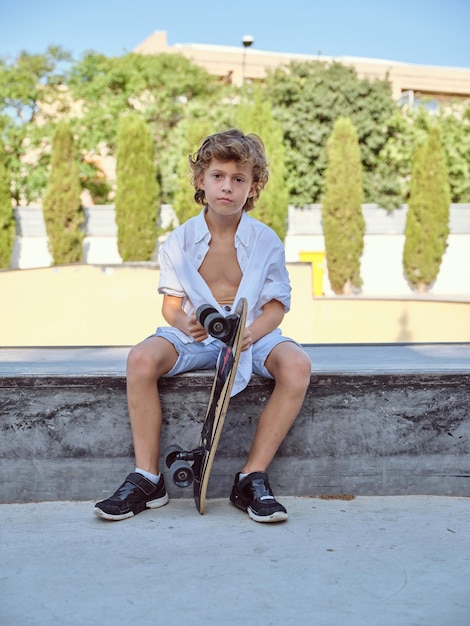 Corpo intero di ragazzo in abito casual seduto sulla rampa con lo skateboard e guardando la fotocamera mentre trascorri del tempo nel parco